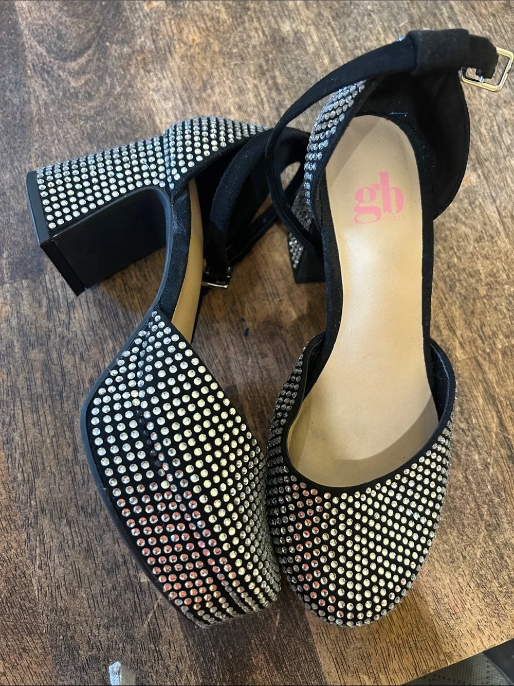 Gianni Bini Black Rhinestone Ankle-Strap Block Heels